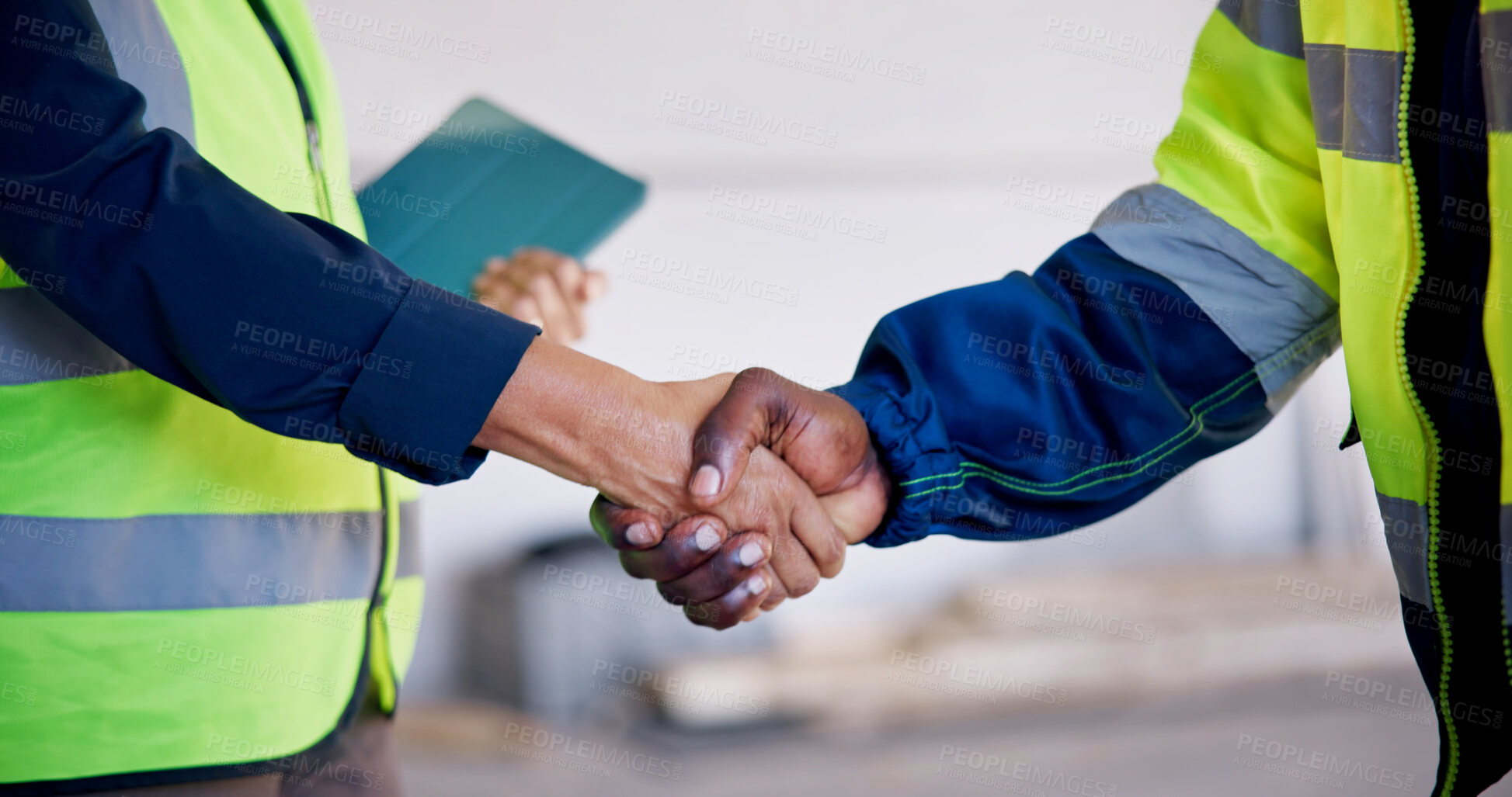 Buy stock photo People, shaking hands and team at construction site for meeting, development collaboration and deal. Engineer, partnership and handshake at worksite for agreement, cooperation and project management