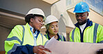 Engineer, discussion and team with blueprint, construction and plan for renovation project or ideas. Civil engineering, low angle and people with paperwork, reading and info for property development
