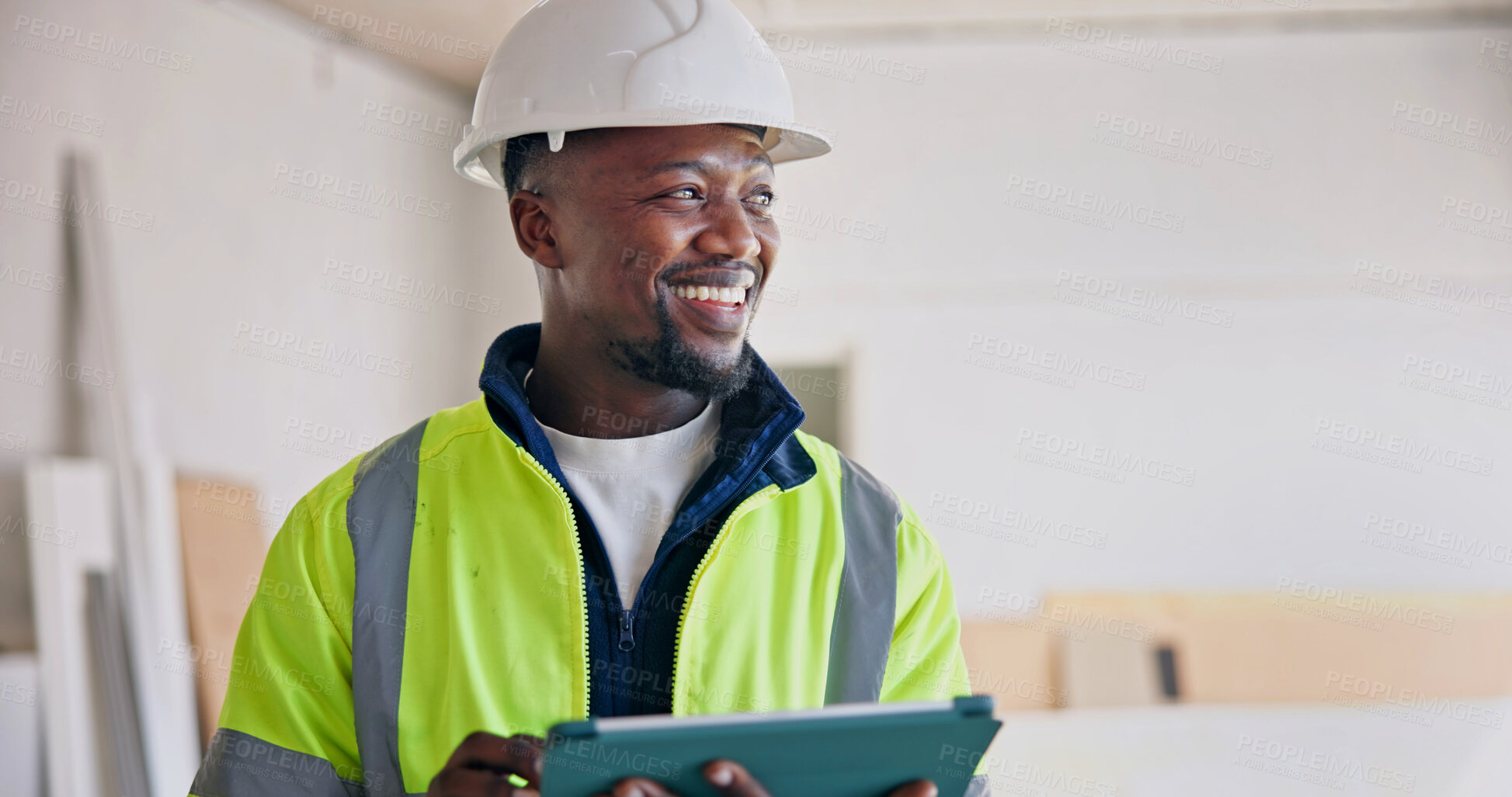 Buy stock photo Engineer, tablet and black man with smile or remodeling for building, planning or inspection. Supervisor, person and tech for quality control with property evaluation, construction site or renovation