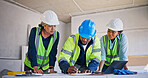 Engineer, team and writing at construction site with notebook, planning and reminder for technician. Engineering, supervisor and people talk in building with electrician, planner and project notes.