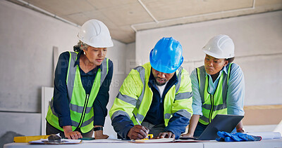 Buy stock photo Engineer, team and writing at construction site with notebook, planning and reminder for technician. Engineering, supervisor and people talk in building with electrician, planner and project notes.