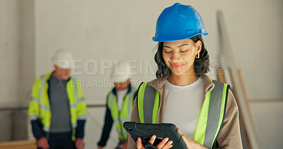Buy stock photo Woman, tablet or engineer at site for planning, project management or digital app for renovation. Electrician, tech and smile at worksite for building, development and electrical compliance checklist