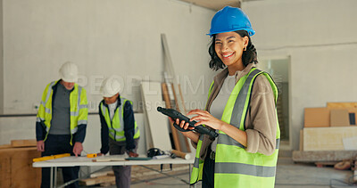 Buy stock photo Woman, tablet or engineer at worksite for portrait, project management or digital app for renovation. Electrician, tech and smile at site for building development, update and electrical compliance