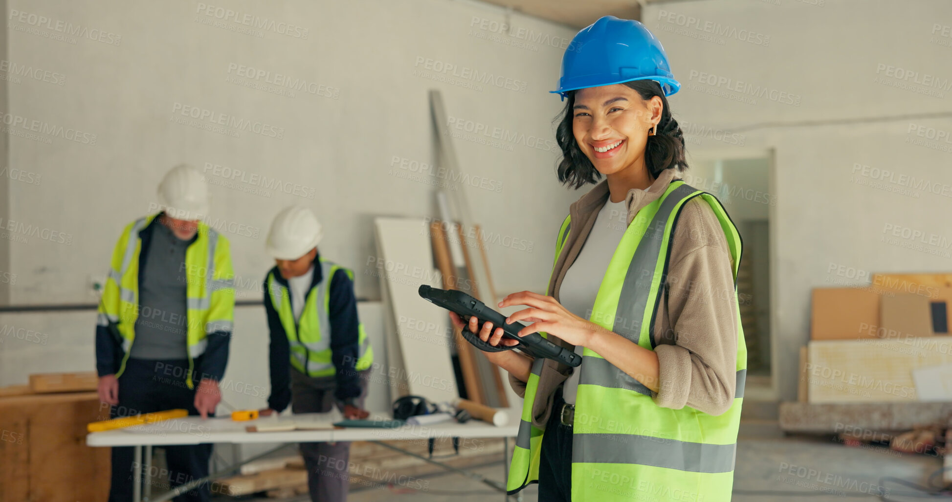 Buy stock photo Woman, tablet or engineer at worksite for portrait, project management or digital app for renovation. Electrician, tech and smile at site for building development, update and electrical compliance