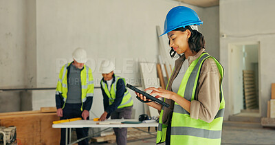 Buy stock photo Woman, tablet or engineer at worksite for planning, project management or digital app for renovation. Electrician, tech and smile at site for building development, update and electrical compliance