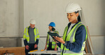 Woman, tablet and engineer at site for review, project management or digital app for renovation. Team supervisor, tech or online at worksite for building development, feedback or compliance checklist