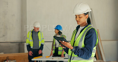 Buy stock photo Woman, tablet and engineer at site for review, project management or digital app for renovation. Team supervisor, tech or online at worksite for building development, feedback or compliance checklist