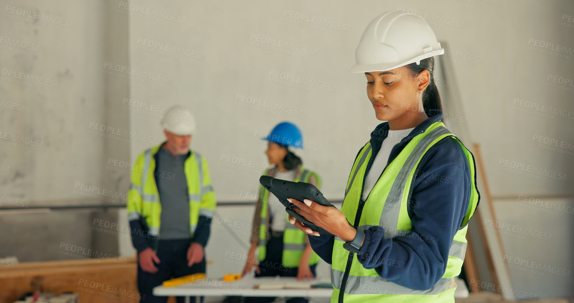Buy stock photo Woman, tablet and engineer at site for review, project management or digital app for renovation. Team supervisor, tech or online at worksite for building development, feedback or compliance checklist