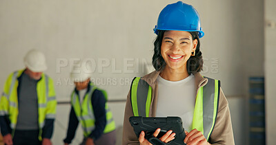 Buy stock photo Woman, tablet or electrician at site for portrait, project management or digital app for renovation. Engineer, tech and smile at worksite for building, development and electrical compliance checklist