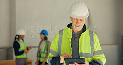 Buy stock photo Man, review or engineer at worksite with tablet, project management or digital plan for renovation. Mature supervisor, tech or scroll at site for building development, remodeling update or checklist