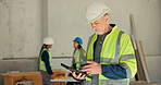 Man, phone or engineer at worksite with tablet, project management or digital plan for renovation. Mature supervisor, tech or scroll at site for building development, remodeling update or checklist