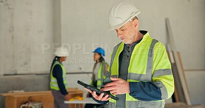 Buy stock photo Man, phone or engineer at worksite with tablet, project management or digital plan for renovation. Mature supervisor, tech or scroll at site for building development, remodeling update or checklist