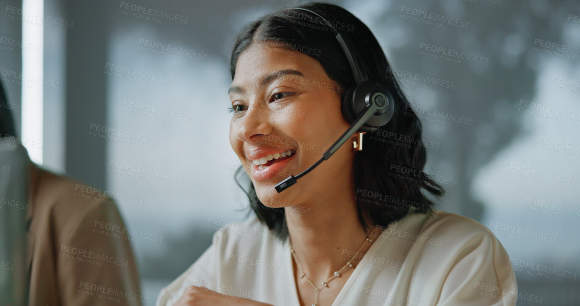 Buy stock photo Business, agent or happy woman with headset in call center for customer service or online advice. Female person, consultant or talking with mic for virtual assistance, CRM or help in workplace