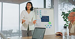 Woman, presentation and meeting with team for business analytics, statistics or performance review. Female person, speaker or discussion with group, graph or analysis for project budget in workplace