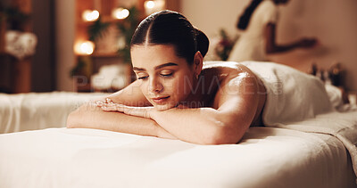 Buy stock photo Back massage, relax and woman at spa on table for calm, deep tissue treatment and for stress relief. Hotel, resort and person with holistic wellness for pamper, self care and health on vacation