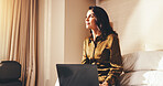 Woman, thinking and laptop in hotel room for business trip, contemplation and planning for itinerary. Mature person, reflection and online in accommodation with computer, travel or calendar for work.