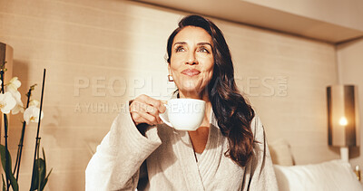 Buy stock photo Happy, woman and thinking in hotel room with coffee, positive mindset and relax with calm vacation. Mature person, peaceful morning and smile in accommodation with tea, vision and holiday on weekend.
