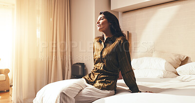 Buy stock photo Woman, thinking and relax on hotel bed with peace, weekend getaway or travel for me time on vacation. Calm, mature person and rest in accommodation with reflection, wellness and vision for holiday.