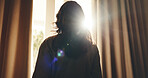 Back, woman and thinking in hotel with window, peaceful vacation and daylight to wake up in morning. Flare, person start day and reflection in accommodation with fresh air, holiday and wellness.