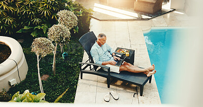 Buy stock photo Laptop, holiday or man by swimming pool to relax, luxury travel blog or email for digital nomad. Computer, lounger or mature person on vacation with tourist article, typing review or freelancer above