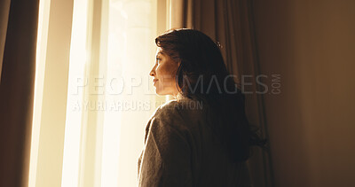 Buy stock photo Woman, thinking and relax in hotel with window, peaceful morning and travel for me time on vacation. Calm, mature person and wake up in accommodation with reflection, wellness and vision for holiday.