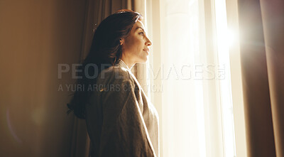 Buy stock photo Morning, woman and thinking in hotel with window, peaceful holiday or daylight to wake up on weekend. Flare, mature person start day and reflection in accommodation with view, wellness and vacation.