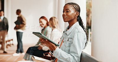 Buy stock photo University, thinking and woman with tablet at campus for class schedule, assignment and essay ideas. Student, reflection and person on tech for research, learning and course insight for education