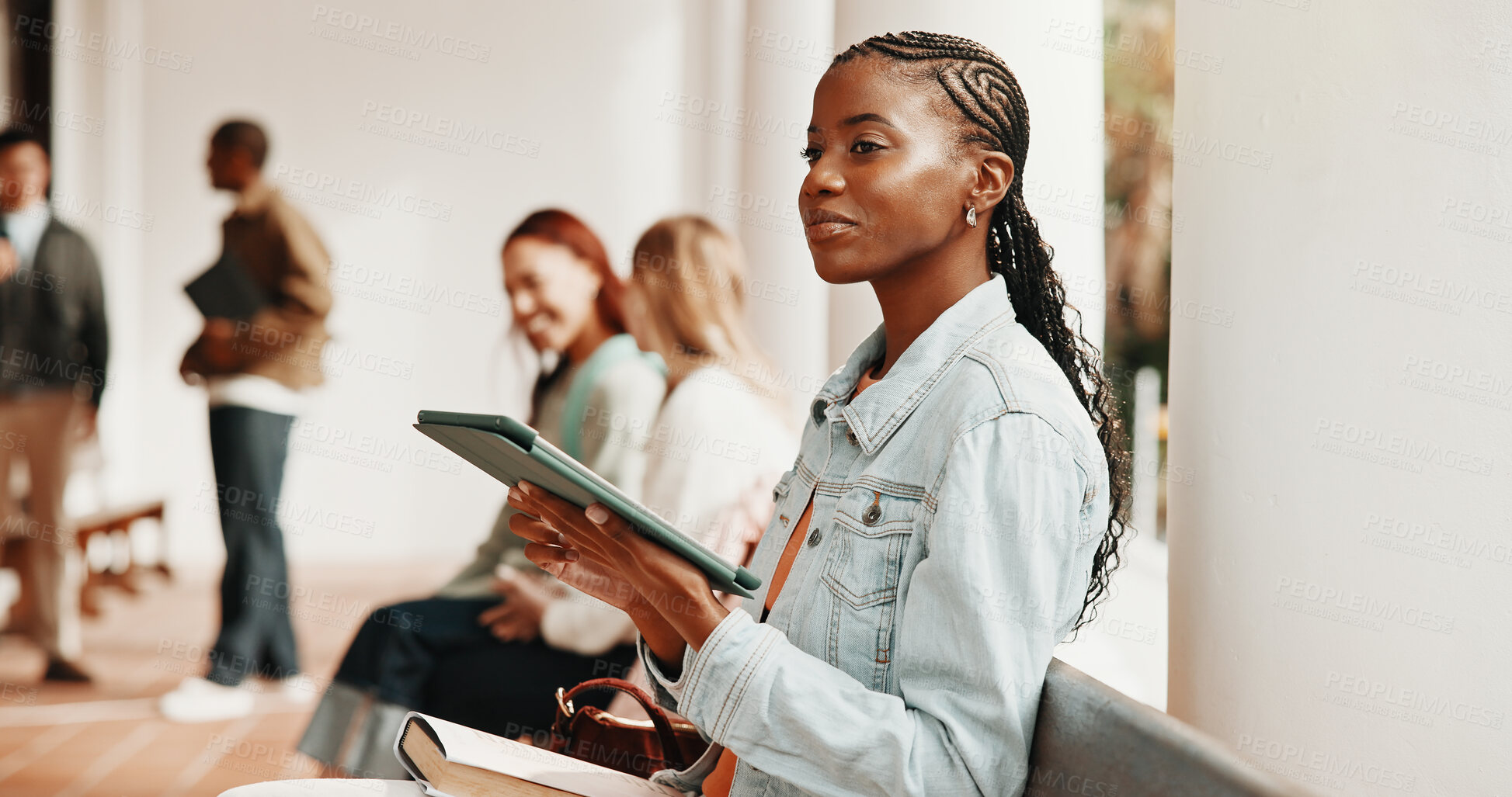 Buy stock photo University, thinking and woman with tablet at campus for class schedule, assignment and essay ideas. Student, reflection and person on tech for research, learning and course insight for education