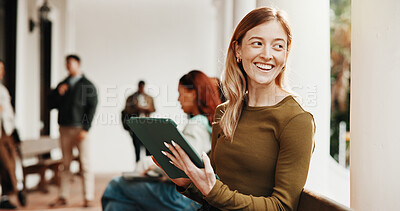 Buy stock photo Happy, thinking and woman on tablet at university for class schedule, assignment and education. Student, idea and person on tech for research, college and excited for learning opportunity on campus