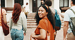 Walk, girl and laugh at college for education, semester start and excited for study opportunity. Bag, student or happy portrait outdoor for campus first day, academic ambition or ready for university