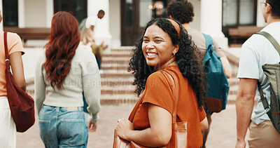 Buy stock photo Walk, girl and smile at college for education, semester start and excited for study opportunity. Bag, student or happy portrait outdoor for campus first day, academic ambition or ready for university