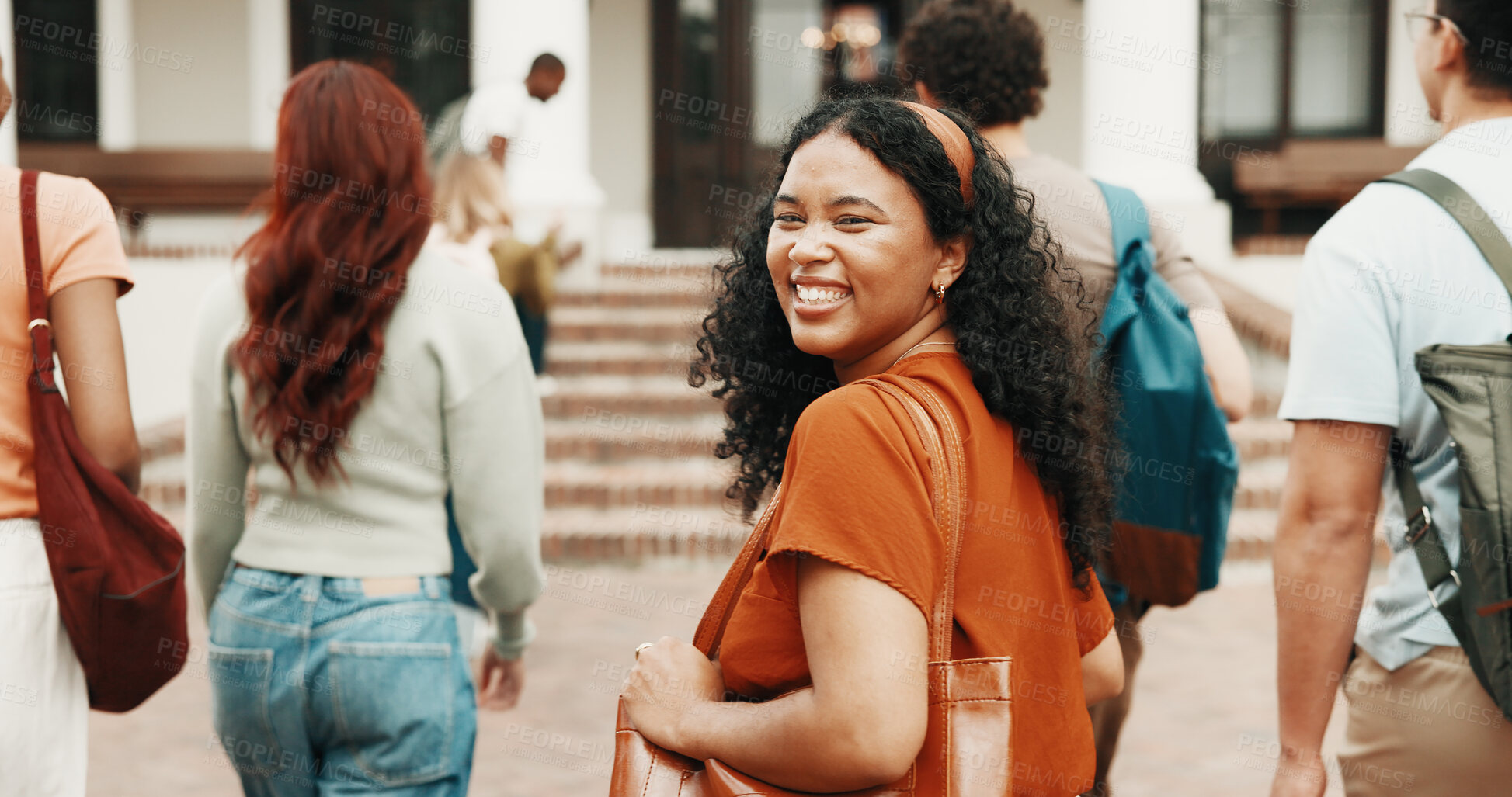 Buy stock photo Walk, girl and smile at college for education, semester start and excited for study opportunity. Bag, student or happy portrait outdoor for campus first day, academic ambition or ready for university