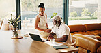 Finance, happy or interracial couple in lounge with laptop, savings check or forecast in budget plan. Smile, digital and mature people with tech, wealth management and investment review in home.
