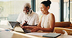 Finance, couple and happy with tablet in home for insurance payout, loyalty reward or good news. Budget, mature interracial people or excited with tech for positive credit score, tax refund or wealth