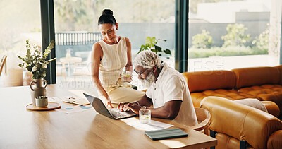 Buy stock photo Finance, reading or interracial couple in home with laptop, savings check or forecast in budget plan. Digital, bills and mature people with tech, wealth management and review of online investment.