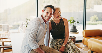 Buy stock photo Love, portrait or couple in home with hug, partner comfort or bonding together with connection. Tender, smile or mature people in lounge with embrace, happy moment or romantic relationship in house.