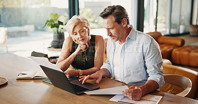 Buy stock photo Documents, finance and mature couple on laptop for mortgage, online banking and bills in home. Talking, marriage and man with woman with computer, financial report and paperwork for savings or budget