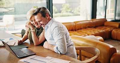 Buy stock photo Man, couple and happy with laptop in home for investment progress, wealth growth or account balance. Marriage, mature people and laughing with tech for positive credit score, savings goal and support