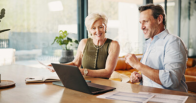 Buy stock photo Talking, finance and mature couple on laptop for mortgage, online banking and expenses in home. Happy, marriage and man with woman with computer, financial paperwork and budget for pension saving