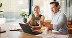 Talking, paperwork and mature couple on laptop for mortgage, online banking and bills in home. Happy, marriage and man with woman with computer, finance report and asset management for savings budget