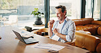 Finance, man or excited in home with laptop, unclaimed benefits or celebration for investment profit. Budget, mature person and fist pump with tech for savings goal, loan settlement or credit balance