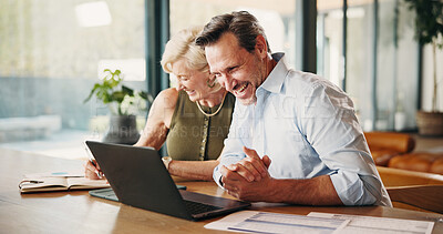 Buy stock photo Man, couple and excited with laptop in home for insurance payout, loyalty reward and good news. Marriage, mature people and laugh with tech for positive credit score, savings goal or finance security