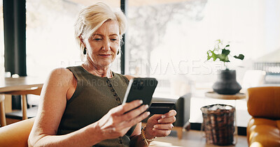 Buy stock photo Mature, woman and credit card and phone for online shopping, payment and purchase on store. Home, sofa and person with cellphone for banking app, ecommerce and transaction for digital subscription