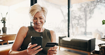 Buy stock photo Phone, happy and mature woman with credit card, online shopping and purchase for website sale. Ecommerce, home and person on cellphone for banking app, transaction or payment for digital subscription