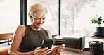 Phone, laugh and mature woman with credit card, online shopping and purchase on website sale. Ecommerce, home and person on cellphone for banking app, discount and payment for digital subscription