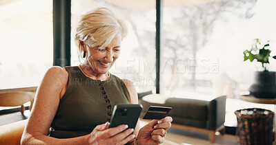 Buy stock photo Phone, laugh and mature woman with credit card, online shopping and purchase on website sale. Ecommerce, home and person on cellphone for banking app, discount and payment for digital subscription