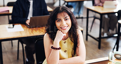 Buy stock photo College, happy or woman in class with portrait, knowledge or scholarship in academic development. University, pride or student at campus with confidence, higher education or goal in study opportunity