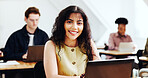 College student, laptop and happy woman in class for education, knowledge or research with portrait. Tech, smile and person study in university with app, course revision and development for learning