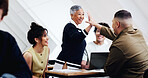 Business, team leader and high five for support in meeting, creative and project planning success. Manager, group or happy people with gesture for solidarity, strategy win and notes at startup agency