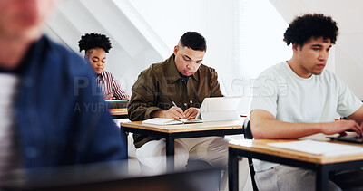 Buy stock photo University, notes and man in class with tablet, exam preparation and research for assignment. Education, study and student at campus with writing, college thesis and digital revision for assessment